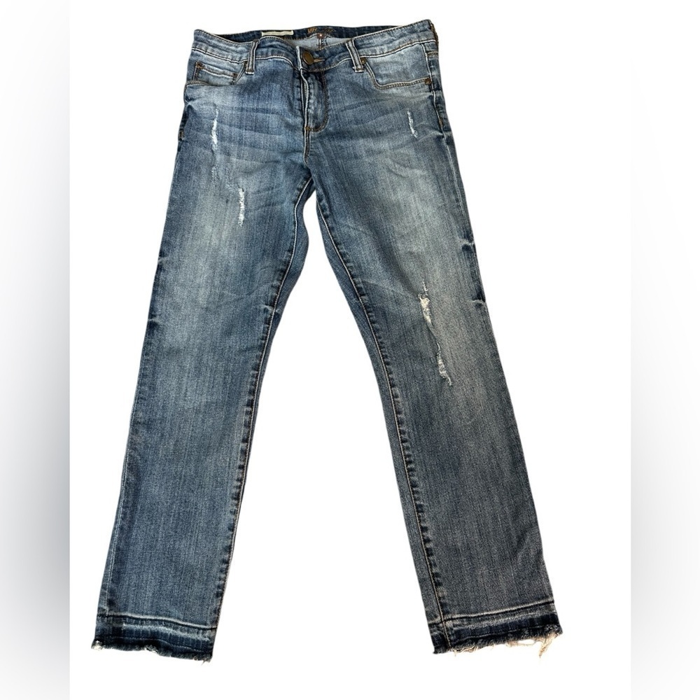 Kut from the Kloth Reese Distressed Ankle Straight Leg Jeans Mid Rise Raw Hem 6